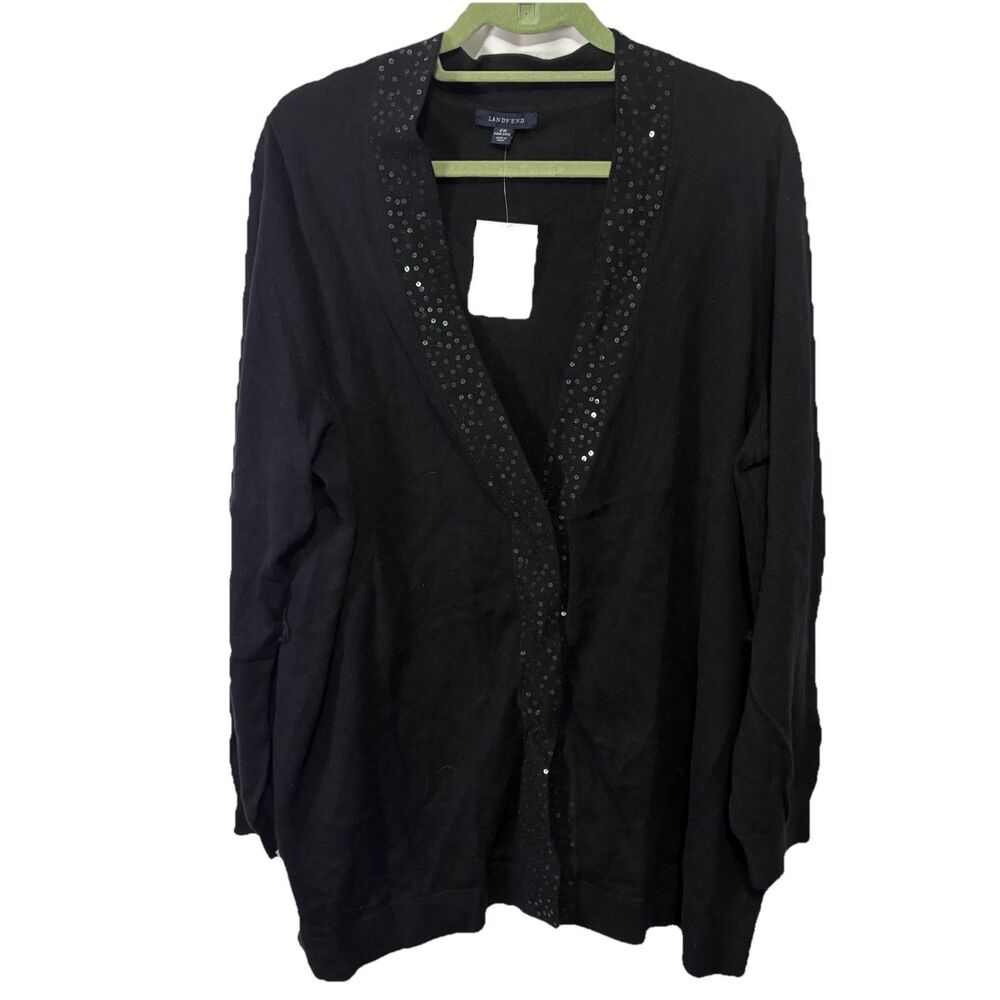 Lands End Women's Black Cotton Cashmere Knit Sequin Trim Long V-Neck‎ 2X 20W-22W